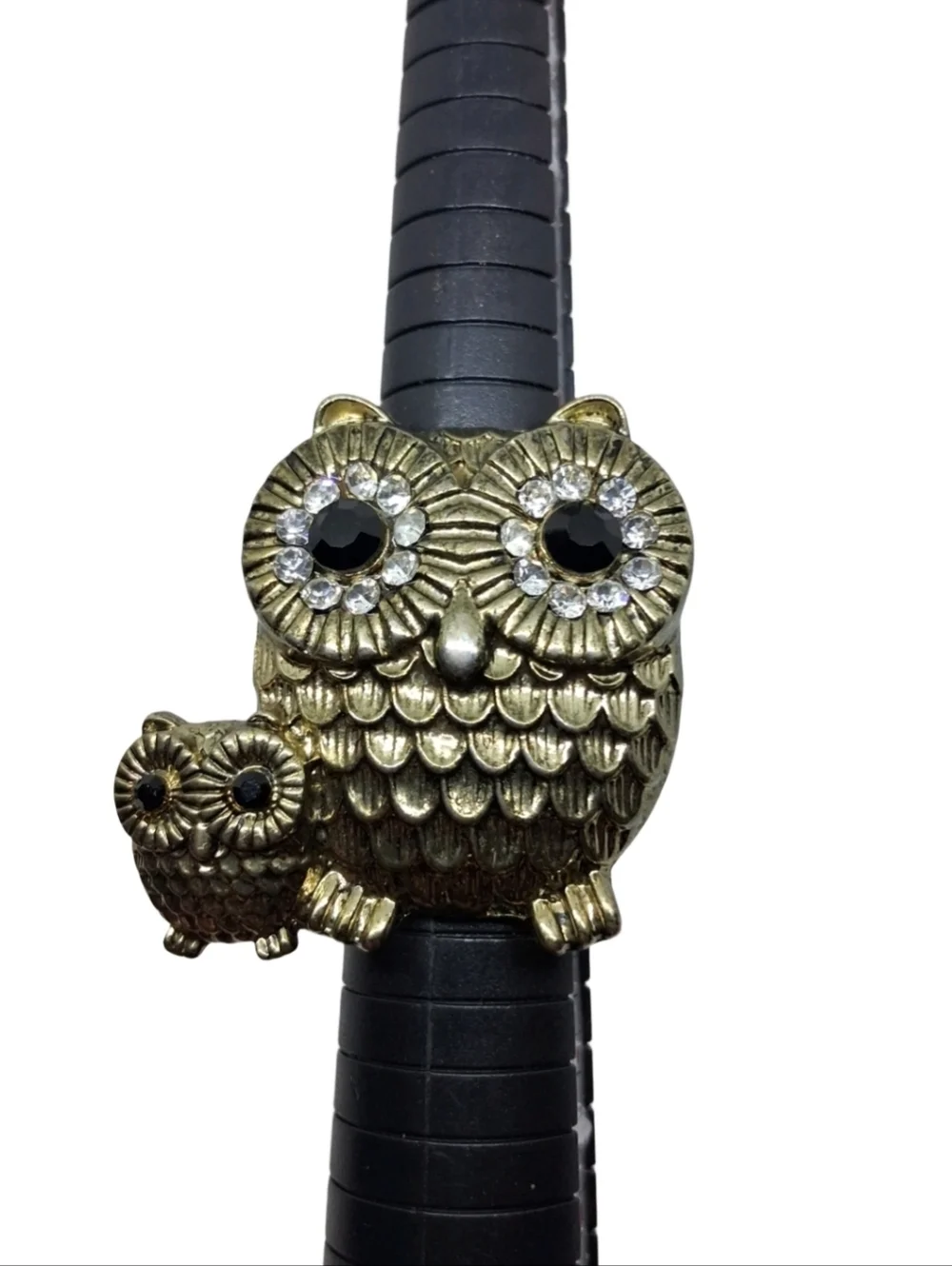 Vintage Owl Mother & Baby Statement Stretch Ring - Gold Tone Rhinestone